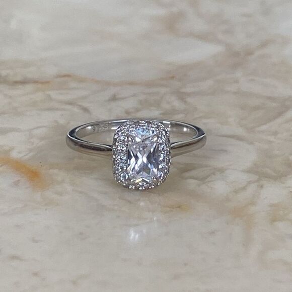 925 Sterling Silver & Cubic Zirconia Emerald Cut Halo Ring - Picture 1 of 9